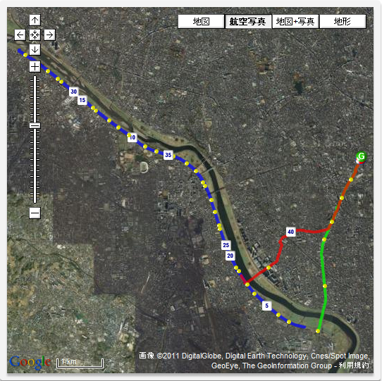 Auto Multisportで記録された一連のデータを一枚の地図上に表示している例