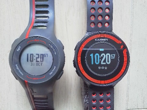 GPSウォッチをGarminのForerunner110からForeAthlete220Jに変えました．　　110はほぼ３年前から使ってきました．途中でベルトが切れたため本体ごと買い替えましたが，今回またもベルト切れ．デザイン重視なのでしょうが，ベルトの交換ができないというのは困りものですね．　　220Jは入荷待ちでようやく届きました．110も黒・赤だったので今回は紫・白？とも一瞬考えましたが，やっぱりおじさんはね．11/2の海響マラソンギリギリになったのでちゃんと使いこなせるか多少不安がありますが，せっかくなのでこれで行くつもりです．