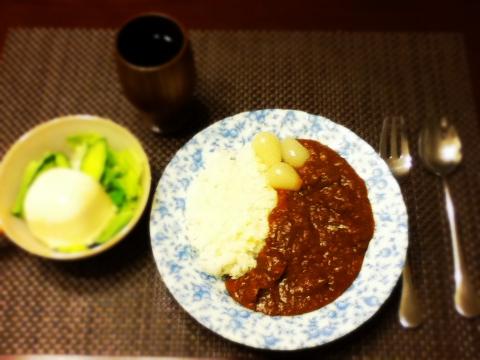 エセタカノカレー（タカノカレーSAISバージョン）。
豆腐サラダと赤ワインを一緒にいただきました！