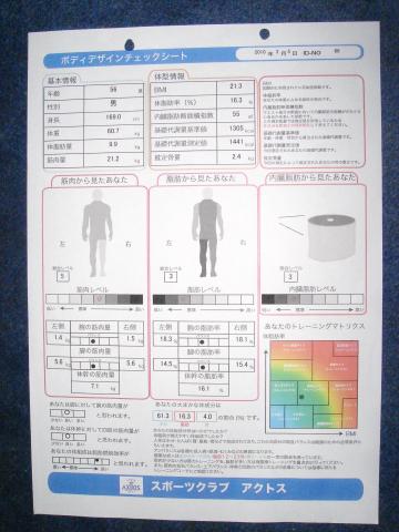 上の段が基本情報など。
中段左側が筋肉量、中央が脂肪量、右側が内臓脂肪量。
2ヶ月前は全てレベル4だったのが左から5,3,3と向上している。