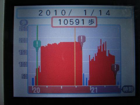 任天堂DSの歩数計測画面：20時過ぎから走り始めて1分毎の歩数が記録される。21時前の空白は給水と小問題解決。その後グラフが乱れているのは、よくわからないが歩数計をタイツのお尻の部分に挟んでいたが、小問題解決の時にずれたのかも？