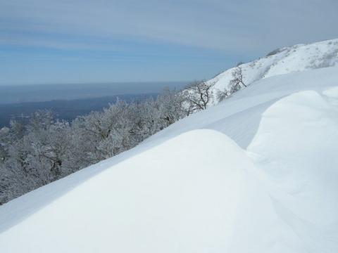 日本海側の景色：山頂手前から見た日本海側の景色です。
北川斜面の木は氷がついて白く見えます。