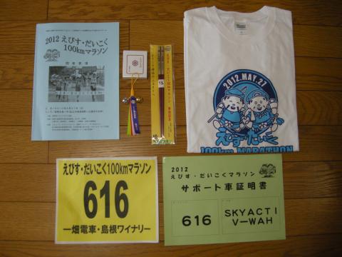 左上からパンフレット、参加賞（出雲大社：しあわせの鈴、お箸、Tシャツ）
左下からゼッケン、サポート車証明書