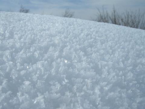 風の強い場所では、雪の表面がざらめの砂糖のように結晶となり輝いていました。