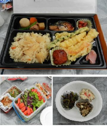 お花見弁当(上)
自家製のサラダ（下左）前日取り立てのワラビ、タケノコの梅和え、ツクシの卵とじ（下右）