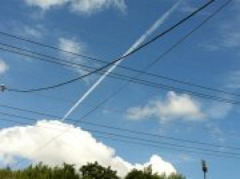 ふと空を見上げたら飛行機雲が。
久しぶりに見た飛行機雲でした。
電線が邪魔ですが。