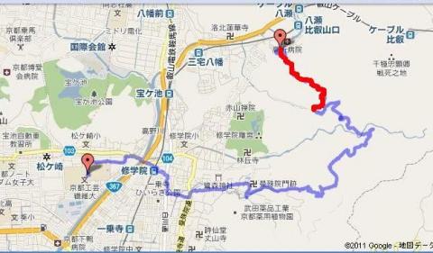 今日通ったルート。赤線は完全オフトレイル。
一部は、「東山三十六峰」レースのコース（京都一周トレイルの一部）だそうです。いい感じの道でした☆