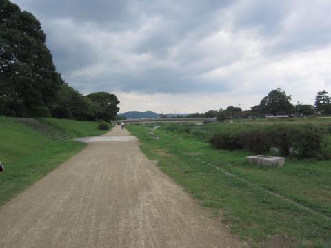 鴨川沿い～。向こうの橋まで走ります。