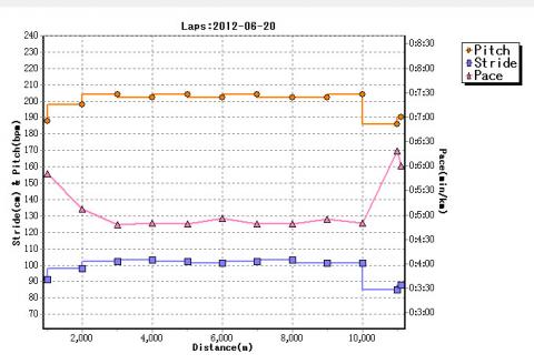 すぎょんさんからもらったソフトでピッチ、ストライドをグラフにしてみた。すぎょりんさん、ありがとう。