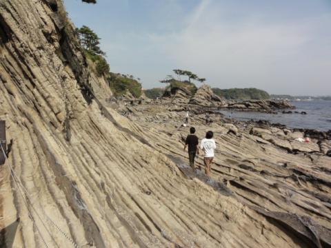 荒崎海岸立ち寄り～
何がすごいって、この見事な地層を見てください！
斜めになってるのが怖いね。
かなりの地殻変動があったってことでしょうか？