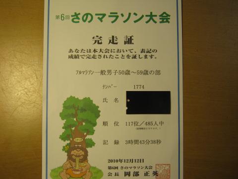 完走証　因みに５０～５９歳のトップは２時間５８分・・・。