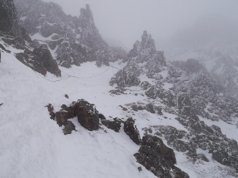 標高２８００m付近から岩と雪のミックスとなる