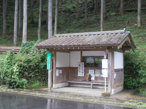 前回の下山地点　浅間尾根登山口バス停　雨が降りしきる・・。