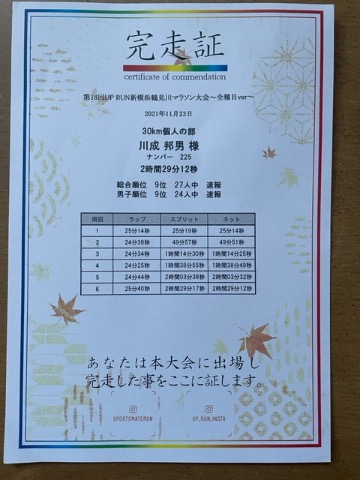 ほぼイーブンペースだったのに　最後の５kmが悔やまれる