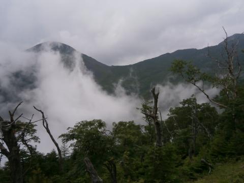 下山途中の尾根から、編笠山と辿ってきたルートを振り返る。