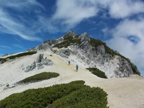 燕岳山頂直下を行く、ニコまる夫妻