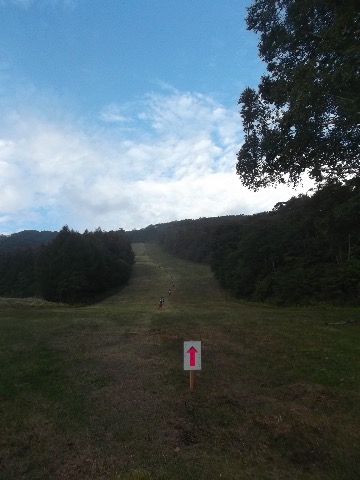 いったん標高差７００m下降して、武尊牧場に到着後、今度は岩鞍スキー場のゲレンデを標高差３００m登り返す。　その後もかたしな、オグナ武尊でもゲレンデの登下降が続く。ジグザグではなく直登なのでふくらはぎが悲鳴をあげる