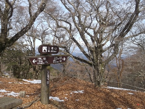 滑沢峠から急な登りを経て三蓋山に到着。この辺りブナの巨木が群生していて気持ちのよいトレイル。