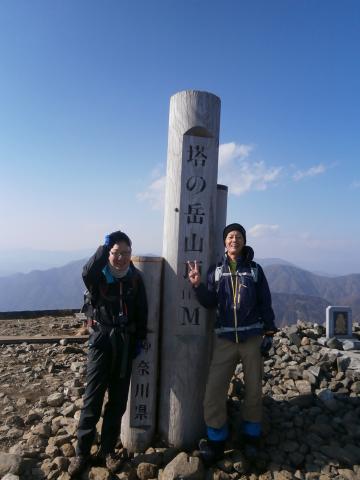 塔ノ岳山頂　風は相変わらず強いが、気温は５度とこの時期にしては暖かい