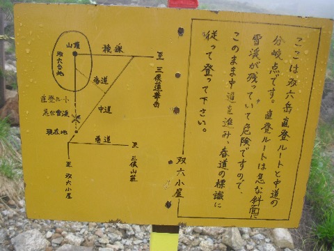 直登ルートは残雪が多い上急峻なため通行禁止。中道に回り込む