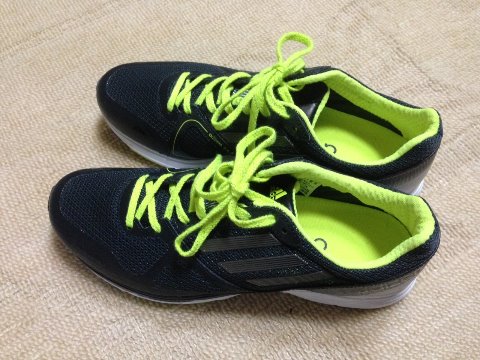 adizero CS9 26.0cm　ブルー系の色もあったが、地味な色をチョイスしてみた。ファーストインプレッションは、CS8よりソールがソフトだが、踵のホールドがちょっとルーズになったような気がする。シューレースがラメ入りで少し細くなり緩めやすくなっている。26.5cm→26.0cmのワンサイズダウンは問題なし。