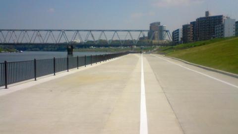 堤防工事が終わって整備された土手。
向こうに見えるのが、江戸川にかかる京成線の鉄橋。