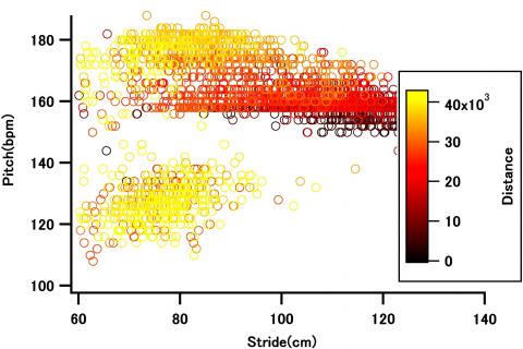 グラフ②：ピッチとストライドの関係。距離により色分け。黒＝前半、赤＝中間、黄＝後半