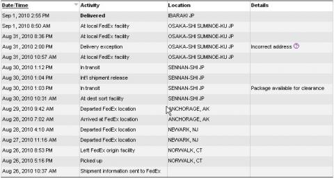 FedExの詳細な追跡情報