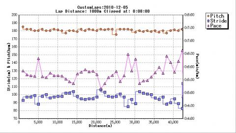 ほぼピッチ180が維持できていた。35km以降のぺーすダウンが顕著。