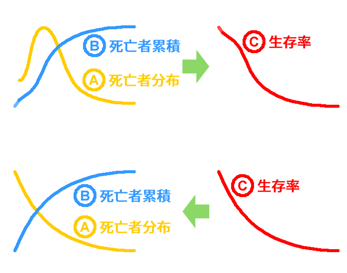 死亡者分布が正規分布のようであると生存曲線は指数関数にはならない