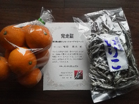 これが記録は自分で記入する完走証と，糸島名産品の参加賞です．重たかった・・・