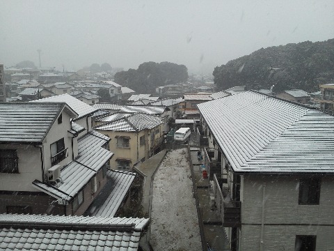 公園からジムに戻るころから雨が雪に変わりました．予報では今夜からだったはずですが，早まったようです．わが家からの眺めも，もうこんなになっています．