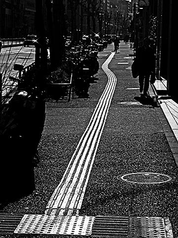 朝日に視覚障害者用ブロックが光って小川のようでした。