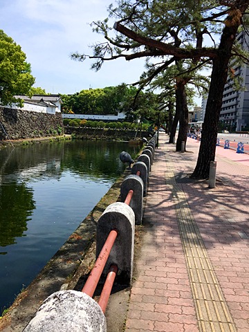 大分市内府内城前。 堀を隔てる柵は膝ぐらいの高さしかなく、盲人にこちら側を歩かせるのは、駅のプラットフォームの端を歩かせるくらい危険に思える。