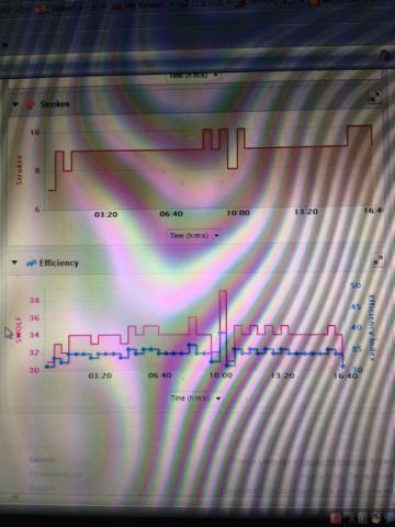 1000mフリーの記録。16分37秒でした。途中で距離がわからなくなって一度立ったところが乱れてますね。50m50秒サイクルで練習することがおおいので、このペースがカラダに染みついてます。ランで言えばキロ5分ぐらいの気分です。ストローク回数はだいたい9回/25m、SWOLFスコア(スイム効率)は34でした。といわれても解釈できず。。。誰かしってる方、教えて~。