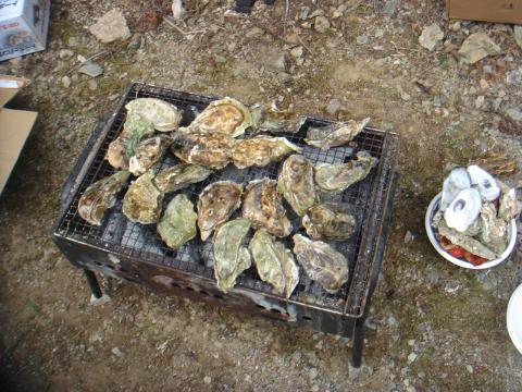 こんな豪華な焼きガキやら伊勢エビの味噌汁をいただいた。
