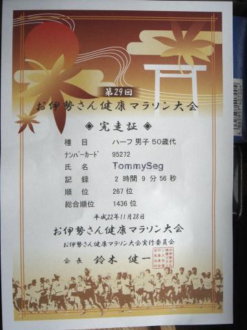順位は男子50代の部344人中267位ハーフマラソン2055人中1436位昨年より2000人近く参加者が増えた。
