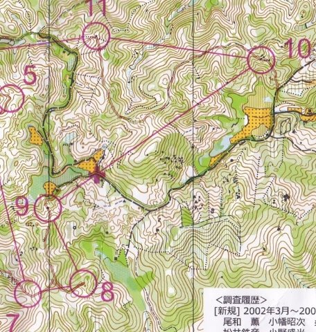 7→8(ミスタイム1:29)手前の尾根をピークと勘違いして突っ込みかけました。鞍部がイメージできていない。 10→11(ミスタイム1:56)これもルートミス? 縮尺1:15000なので意識的に直線的に行くべきだったかも。