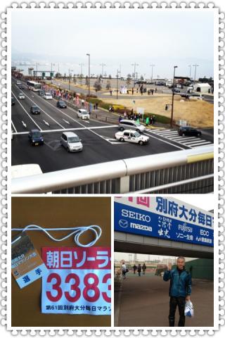 スタートの「うみたまご」とゴールの「大分市営陸上競技場」
