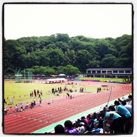 小田原城山陸上競技場! 県大会に連れて来てくれて有り難う! メインスタンドでなくゴール裏に諸室がある珍しい構造です。