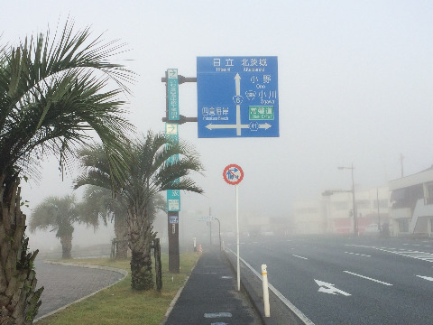 6号国道　５０ｍ先が霧で見えない、　でもなんとなくロマンチック