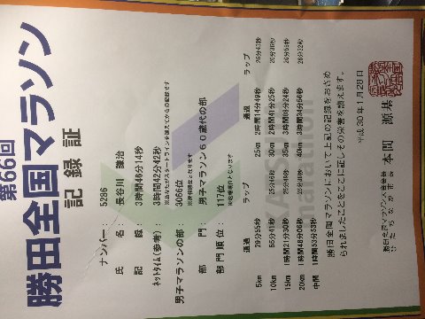 5K 29分55秒 10K 25分46秒 15K 25分49秒 20K 26分36秒 25K 26分43秒 30K 26分36秒 35K 26分59秒 40K 26分32秒 ハーフ通過1時間53分53秒
