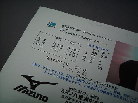以前足のサイズを計ってもらった。右足が25.5EE、左足が25.0EE。
今履いているのはナイキは26.00(幅普通)、アディダス26.00(幅広)、NB25.5(4E)だ。ナイキ、アディダスはつま先に余裕があるが、きっちり紐を締めてもやや、靴の中で足が遊ぶ感覚がある。NBはぴったりだが、親指の先がちょっと当たって、走っているとやや気持ちが悪い。靴選びは微妙だ。スポーツ店に行くと大き目を勧められるので要注意だ。これは常に屋内と屋外で靴を脱着する日本では、脱ぎやすい(=大き目)となるためだ。爪が剥げてしまうのも大きすぎを疑ったほうが良いと思う。靴の中で足が動いて先に当たってしまうからだ。無知な店員の話を真に受けるともう1サイズ大き目を買う悪循環に陥る。