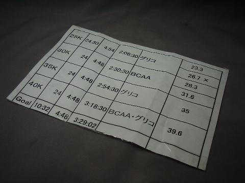 岩本さんの本を真似して作った計画表、エイドの距離を書いておいたのは大いに役立った。レース中に何回も取り出して確認した。思考能力が低下する後半は特に有効。これは完走メダルより宝物になるかも。