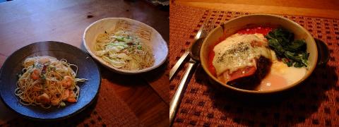 お昼は2種類のパスタ。海老とニンニク、キャベツとアンチョビ。夜は炭水化物制限、イタリアントマトハンバーグ。