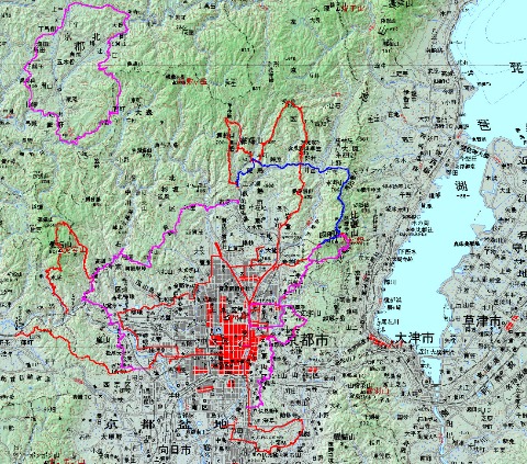青が今日走った部分。紫が京都一周トレイルのコース。（左上のは単独の京北コース）　赤はその他、今まで走った部分。