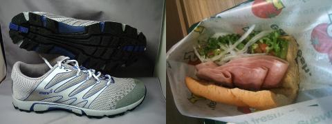Inov8のLite 250gを買いました。トレラン用ですが固い路面向けとありましたので、マラソンにも使えるかも。擬似ベアフットランニング用のかかとの低いランニングシューズはなかなか見つかりませんが、Inov8はデビュー当時から踵とつま先の高低差が無いらしいです。他のモデルにも興味あり。履いて立つと踵が低い分足首が伸びて気持ちいいです。デザインもとてもおしゃれです。
減量も終盤へ、今日はSubwayでサンドウィッチ。これでわずか267キロカロリー。嵩はあるしおいしい。しかしながらやっぱり物足りない。3つぐらい食べられそう。でもあと20日あまりとなりましたので頑張ります。