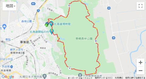 今日のコース。　野幌森林公園一周18ｋｍ