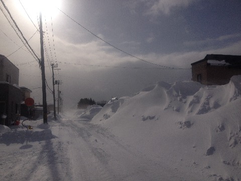 隣の町内コース。地吹雪で道が途中から見えにくくなっています。