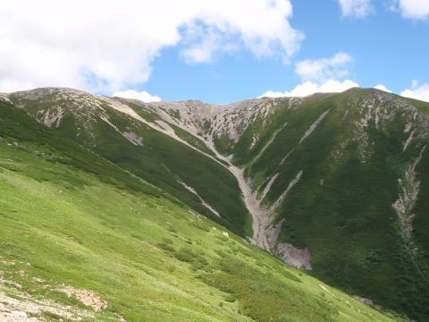 南側から見た薬師岳はこんなに穏やかな山様。北面と南面でこうも印象の違う山も珍しい。